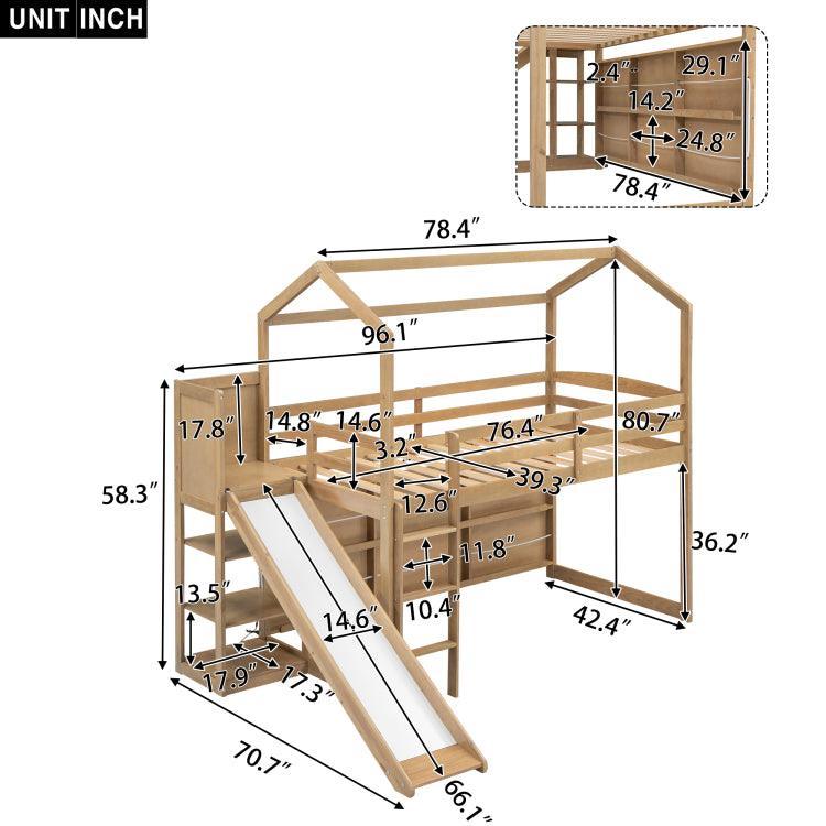 Twin Size Wood House Loft Bed With Slide, Storage Shelves And Light, Climbing Ramp, Wood Color