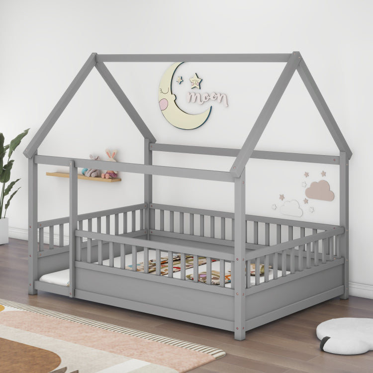 Full Size Floor Wooden Bed With House Roof Frame, Fence Guardrails,Grey