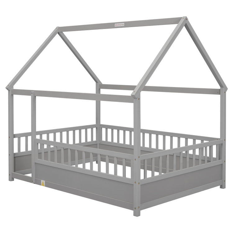 Full Size Floor Wooden Bed With House Roof Frame, Fence Guardrails,Grey