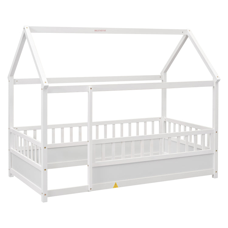 Twin Size Floor Wooden Bed With House Roof Frame, Fence Guardrails,White
