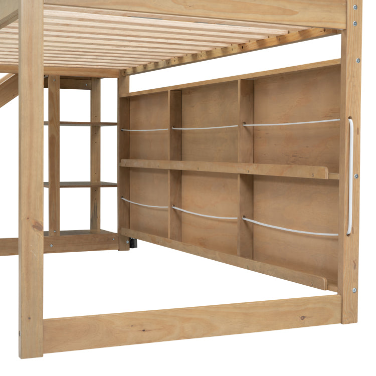 Twin Size Wood House Loft Bed With Slide, Storage Shelves And Light, Climbing Ramp, Wood Color