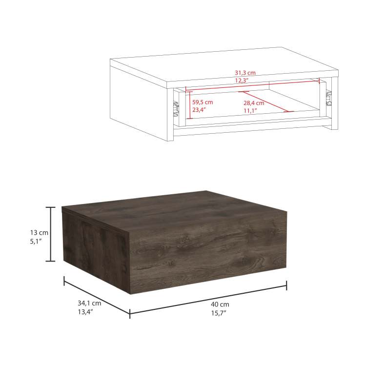 Milano Floating Nightstand , End Table, Side Table Wall Mounted With Drawer Dark Brown Bedroom