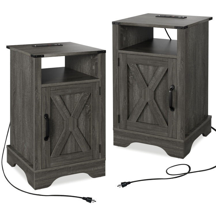 Farmhouse Nightstand Side Table, Wooden Rustic End Table, Tall Bedside Table With Electrical Outlets Charging Station 2 Sets Dark Gray