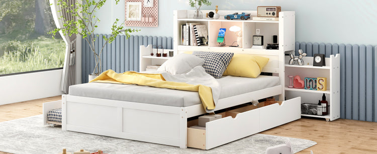 Full Size Storage Platform Bed With Pull Out Shelves, Twin Size Trundle And 2 Drawers, White