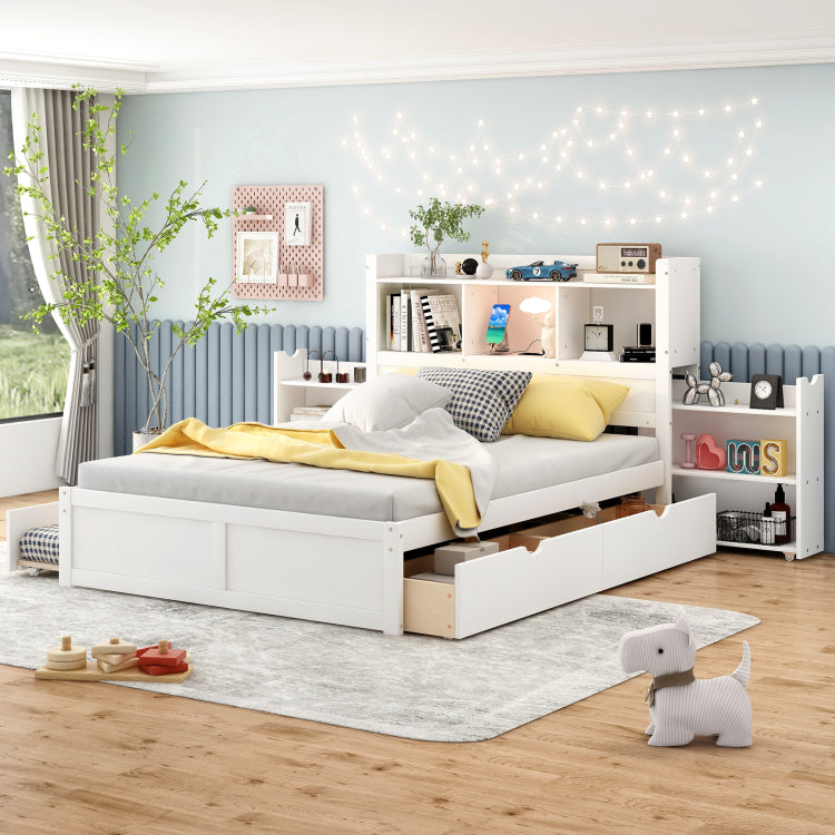 Full Size Storage Platform Bed With Pull Out Shelves, Twin Size Trundle And 2 Drawers, White