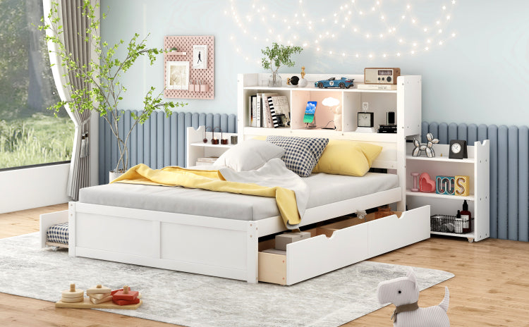 Full Size Storage Platform Bed With Pull Out Shelves, Twin Size Trundle And 2 Drawers, White