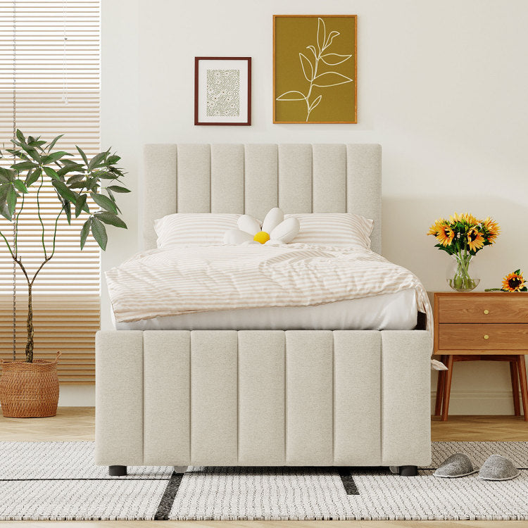 Twin Size Upholstered Platform Bed With Trundle And 3 Drawers, Linen Fabric, Beige