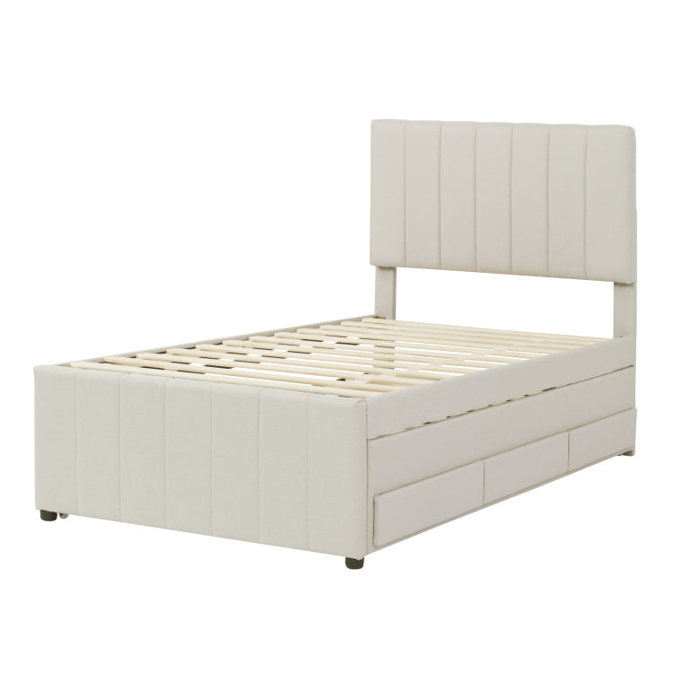 Twin Size Upholstered Platform Bed With Trundle And 3 Drawers, Linen Fabric, Beige