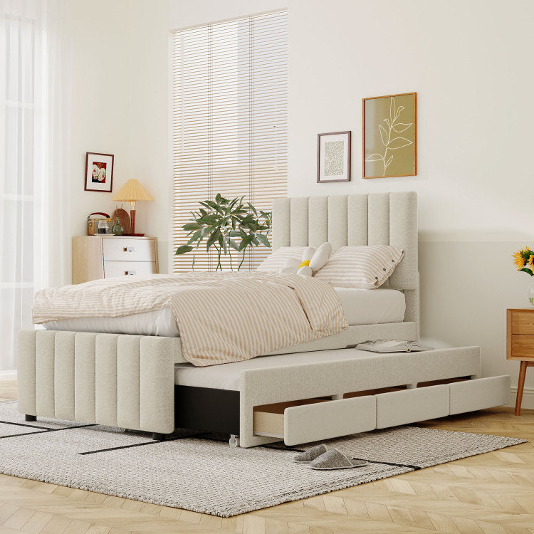 Twin Size Upholstered Platform Bed With Trundle And 3 Drawers, Linen Fabric, Beige