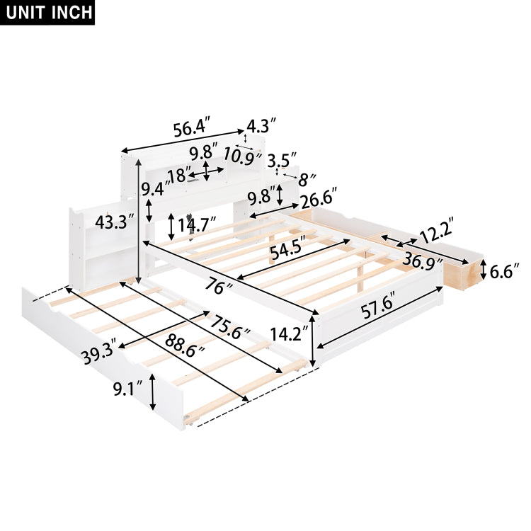 Full Size Storage Platform Bed With Pull Out Shelves, Twin Size Trundle And 2 Drawers, White