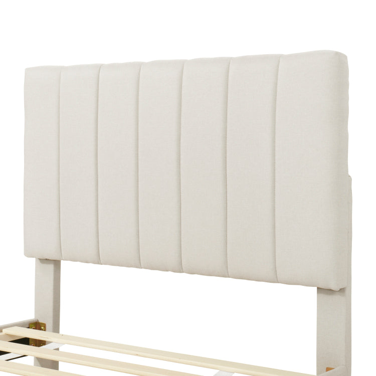 Twin Size Upholstered Platform Bed With Trundle And 3 Drawers, Linen Fabric, Beige