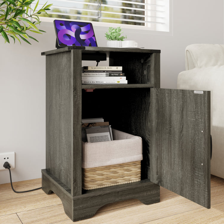 Farmhouse Nightstand Side Table, Wooden Rustic End Table, Tall Bedside Table With Electrical Outlets Charging Station Dark Gray