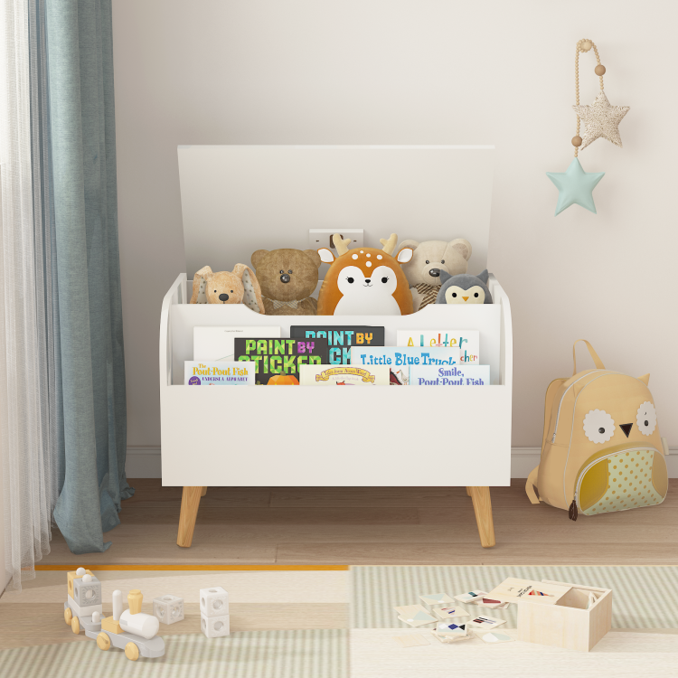 Wooden Toy Box, Kids Toy Storage Organizer With Front Bookshelf, Flip Top Lid, Safety Hinge, Boys Girls Toy Chest Bench For Playroom Kids Room Organization White