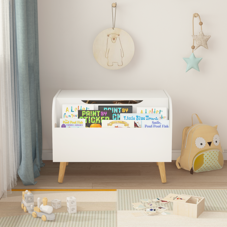 Wooden Toy Box, Kids Toy Storage Organizer With Front Bookshelf, Flip Top Lid, Safety Hinge, Boys Girls Toy Chest Bench For Playroom Kids Room Organization White