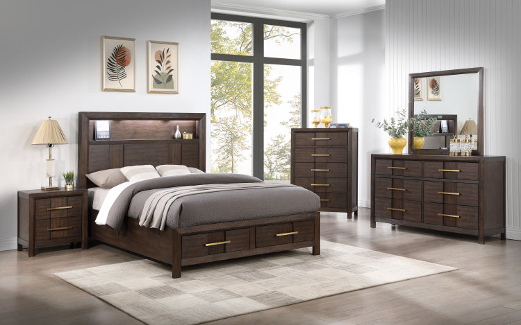 Kenzo Modern Style Queen Bed Made With Wood & Led Headboard With Bookshelf In Walnut Nj Inventory