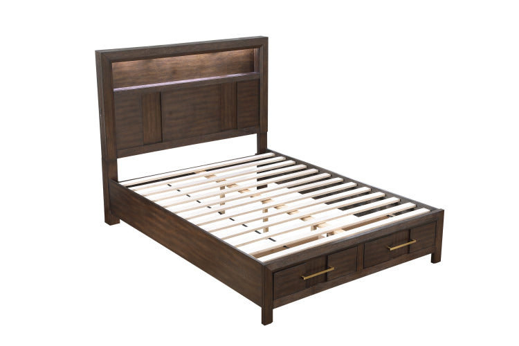 Kenzo Modern Style Queen Bed Made With Wood & Led Headboard With Bookshelf In Walnut Nj Inventory