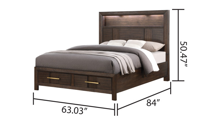 Kenzo Modern Style Queen Bed Made With Wood & Led Headboard With Bookshelf In Walnut Nj Inventory
