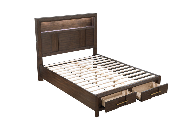 Kenzo Modern Style Queen Bed Made With Wood & Led Headboard With Bookshelf In Walnut Nj Inventory