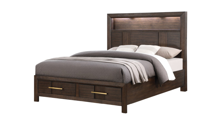 Kenzo Modern Style Queen Bed Made With Wood & Led Headboard With Bookshelf In Walnut Nj Inventory