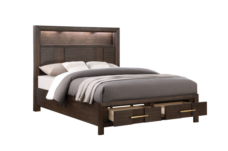 Kenzo Modern Style Queen 5Pc Storage Bedroom Set Made With Wood, Led Headboard, Bluetooth Speakers & Usb Ports Walnut Nj Inventory