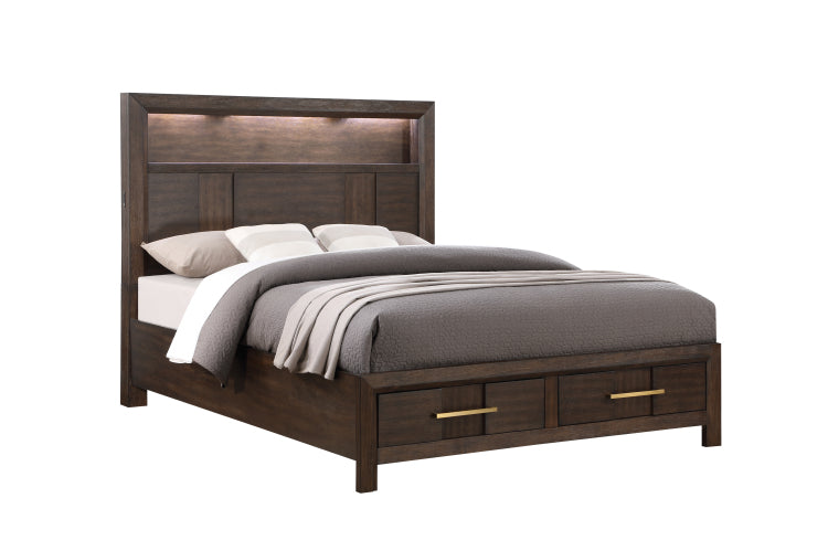 Kenzo Modern Style Queen 5Pc Storage Bedroom Set Made With Wood, Led Headboard, Bluetooth Speakers & Usb Ports Walnut Nj Inventory