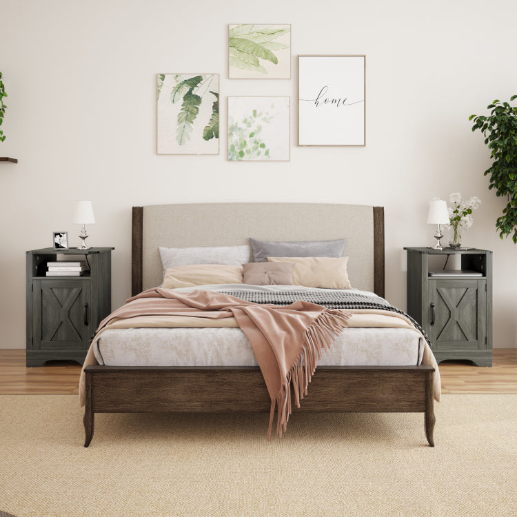 Farmhouse Nightstand Side Table, Wooden Rustic End Table, Tall Bedside Table With Electrical Outlets Charging Station 2 Sets Dark Gray