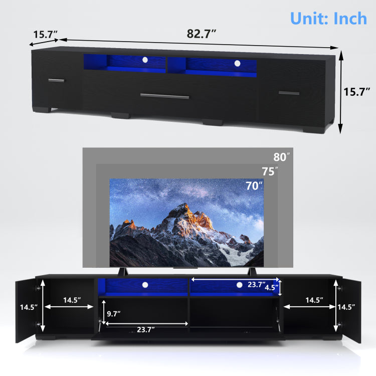Video Tv Console With Storage Cabinets, Remote, App Control Long Led Tv Stand, Full Rgb Color Selection, 31 Modes Changing Lights Modern Entertainment Center With Power Cord Black, For 80 Inches