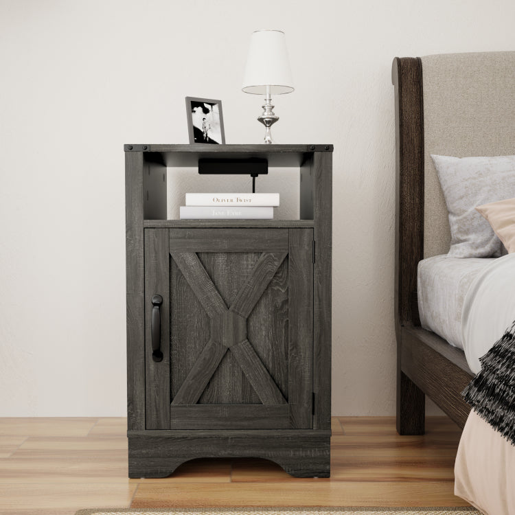 Farmhouse Nightstand Side Table, Wooden Rustic End Table, Tall Bedside Table With Electrical Outlets Charging Station Dark Gray