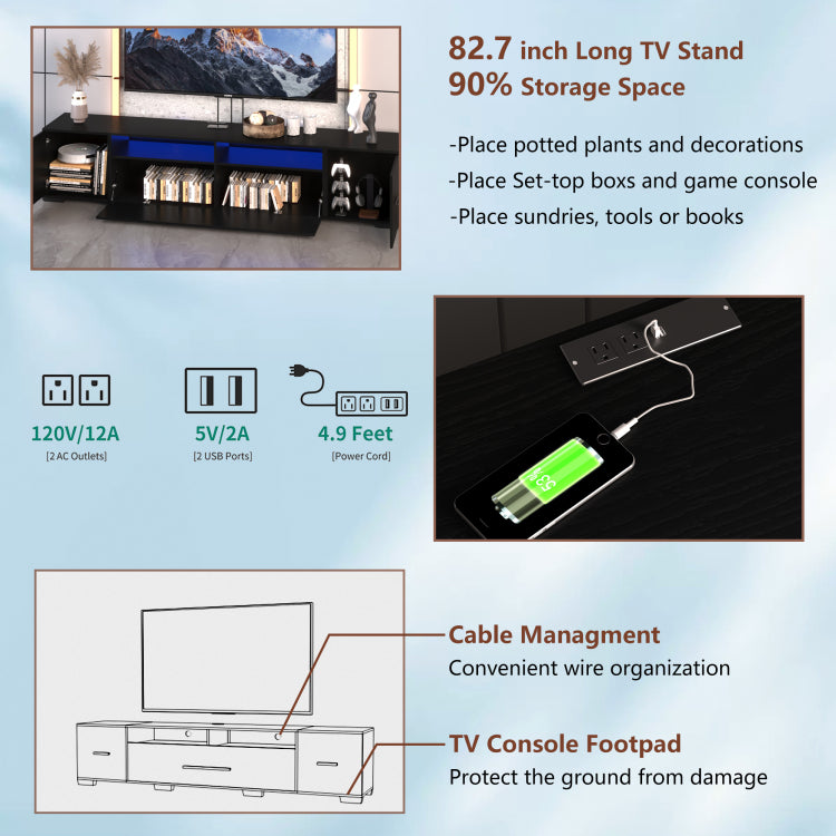 Video Tv Console With Storage Cabinets, Remote, App Control Long Led Tv Stand, Full Rgb Color Selection, 31 Modes Changing Lights Modern Entertainment Center With Power Cord Black, For 80 Inches