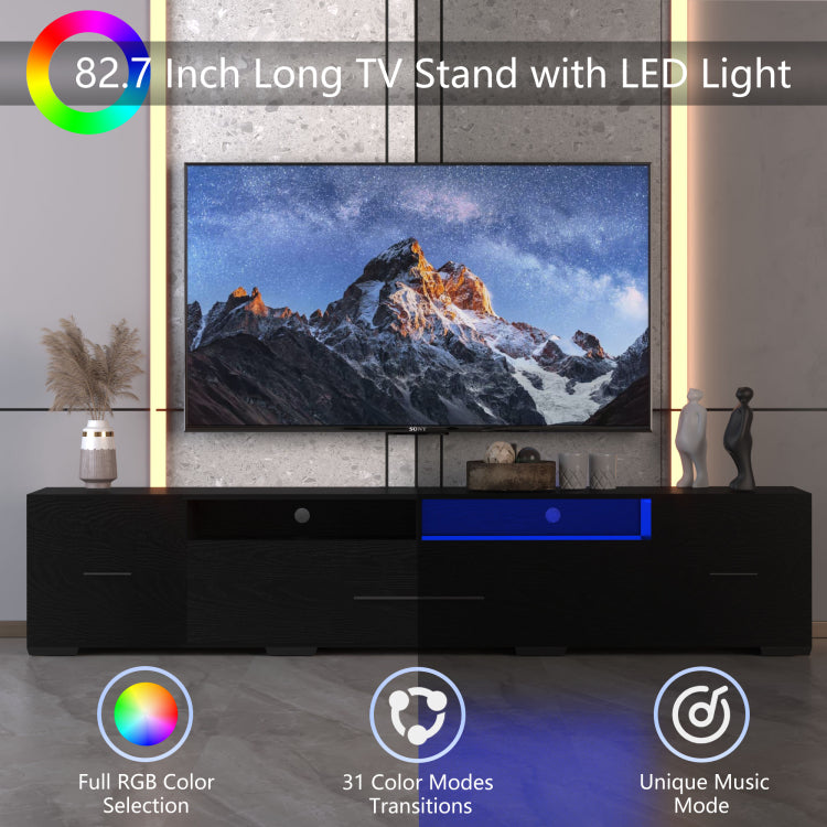 Video Tv Console With Storage Cabinets, Remote, App Control Long Led Tv Stand, Full Rgb Color Selection, 31 Modes Changing Lights Modern Entertainment Center With Power Cord Black, For 80 Inches