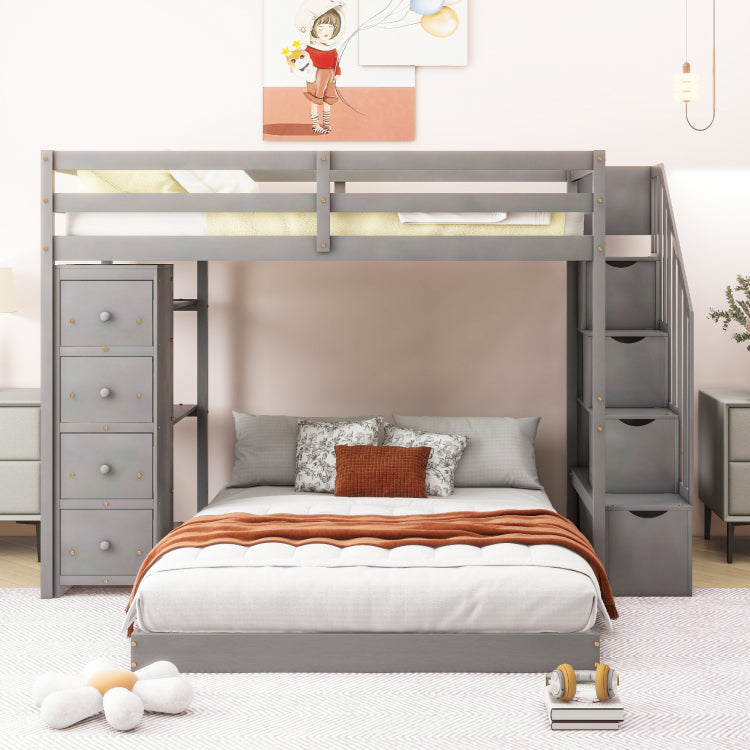 Twin Over Full Bunk Bed With 3 Layer Shelves, Drawers And Storage Stairs, Gray