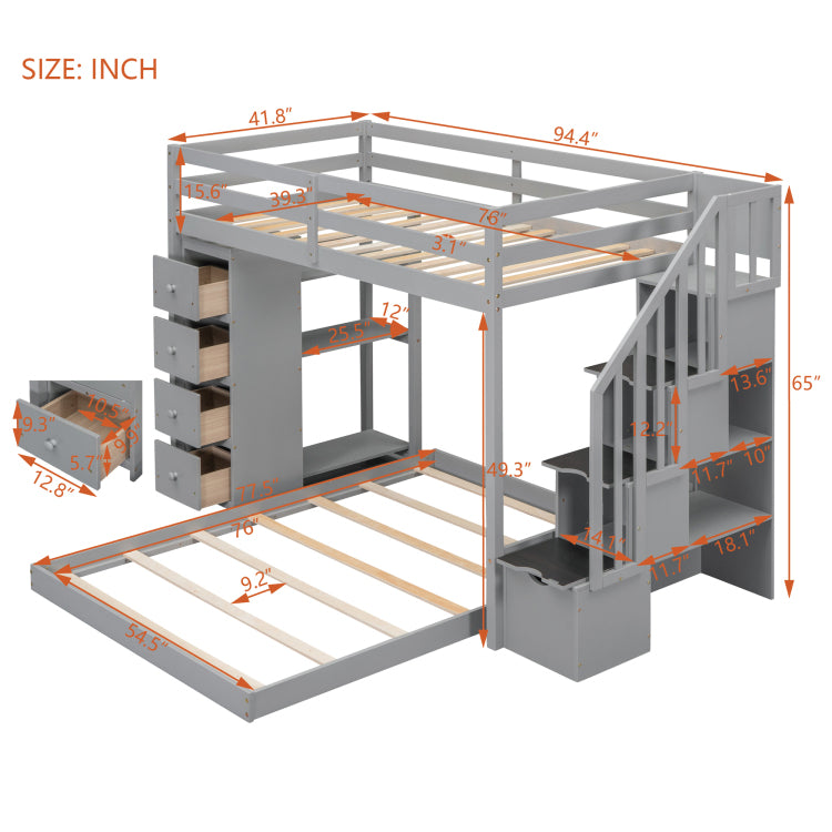 Twin Over Full Bunk Bed With 3 Layer Shelves, Drawers And Storage Stairs, Gray