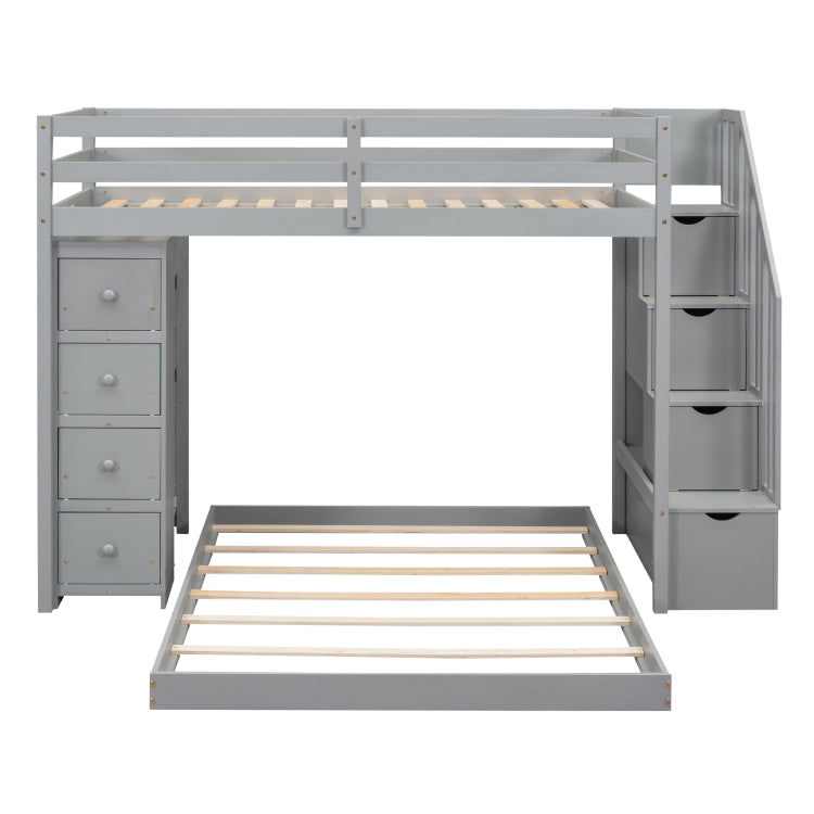 Twin Over Full Bunk Bed With 3 Layer Shelves, Drawers And Storage Stairs, Gray