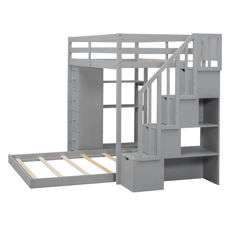 Twin Over Full Bunk Bed With 3 Layer Shelves, Drawers And Storage Stairs, Gray