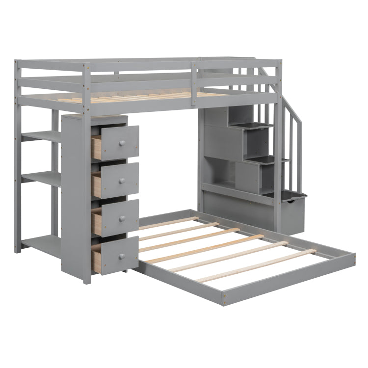 Twin Over Full Bunk Bed With 3 Layer Shelves, Drawers And Storage Stairs, Gray