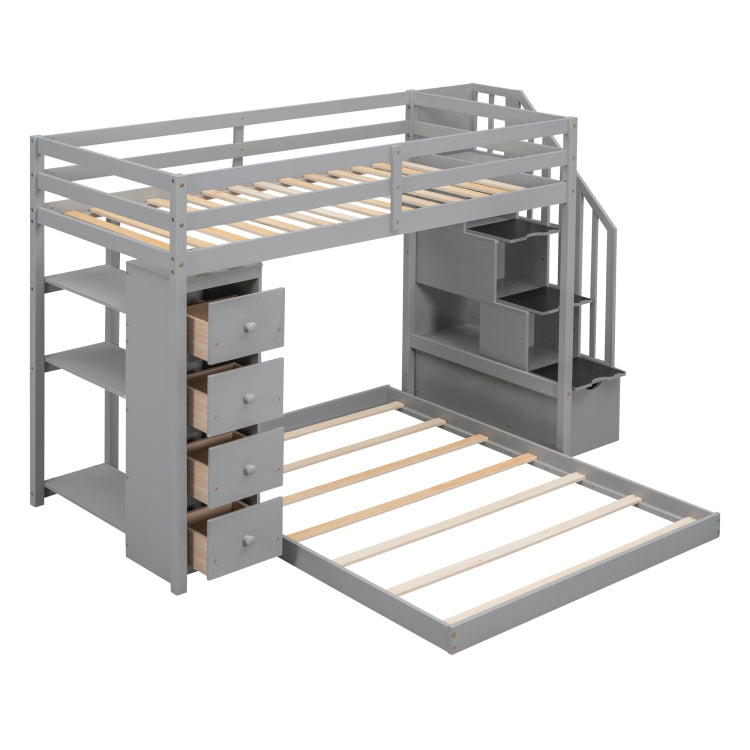 Twin Over Full Bunk Bed With 3 Layer Shelves, Drawers And Storage Stairs, Gray