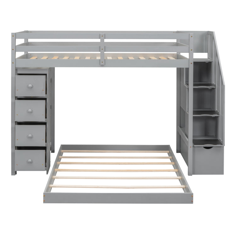 Twin Over Full Bunk Bed With 3 Layer Shelves, Drawers And Storage Stairs, Gray