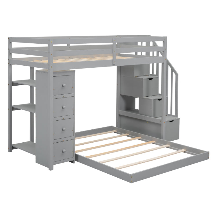 Twin Over Full Bunk Bed With 3 Layer Shelves, Drawers And Storage Stairs, Gray