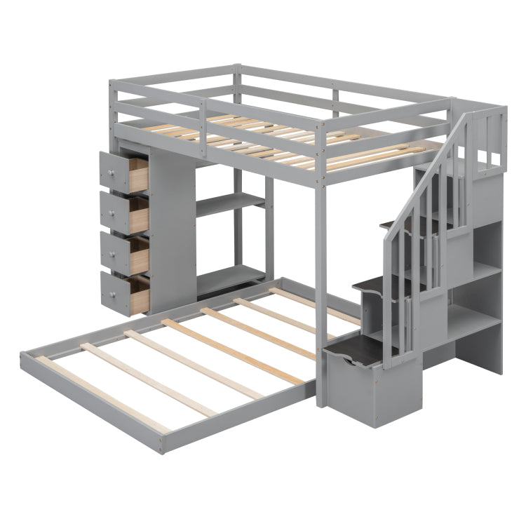 Twin Over Full Bunk Bed With 3 Layer Shelves, Drawers And Storage Stairs, Gray