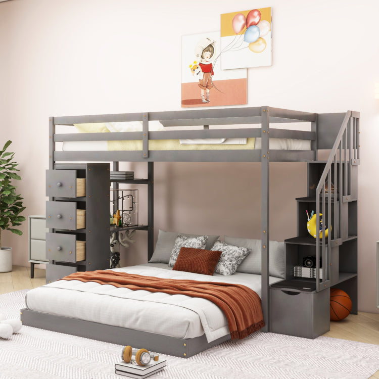 Twin Over Full Bunk Bed With 3 Layer Shelves, Drawers And Storage Stairs, Gray