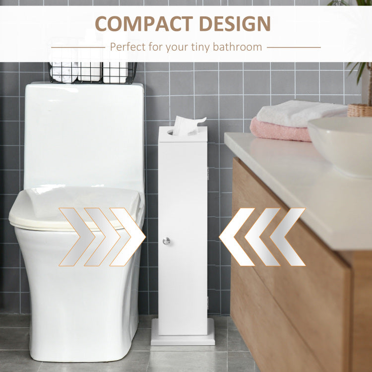 Toilet Paper Cabinet, Small Bathroom Corner Floor Cabinet With Doors And Shelves, Thin Storage Bathroom Organizer For Paper Shampoo, White