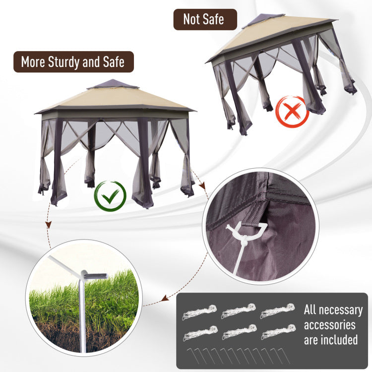 13' X 13' Pop Up Gazebo, Hexagonal Canopy Shelter With 6 Zippered Mesh Netting, Event Tent With Strong Steel Frame For Patio Backyard Garden Wedding Party