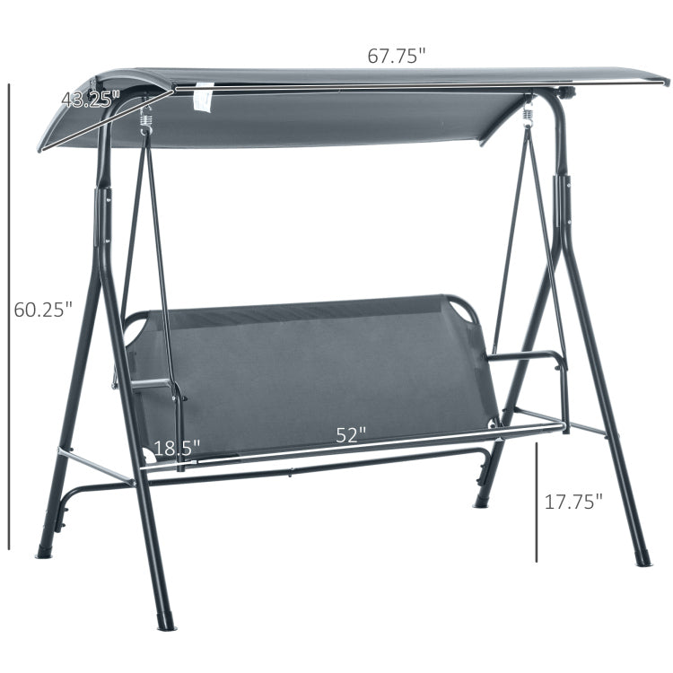 3 Person Porch Swing With Stand, Outdoor Swing For Patio Porch With Adjustable Tilt Canopy And Comfortable Swing Bench Style Seat, Steel Frame, Gray