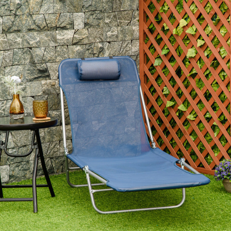Folding Chaise Lounge Pool Chair, Patio Sun Tanning Chair, Outdoor Lounge Chair With 6 Position Reclining Back, Mesh Seat, And Headrest For Beach, Yard, Patio, Blue