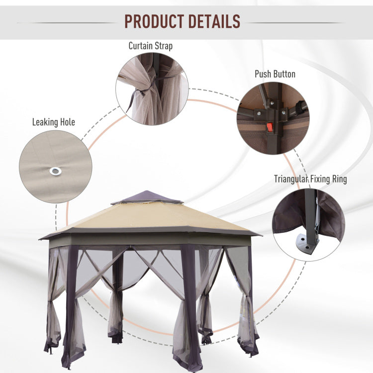 13' X 13' Pop Up Gazebo, Hexagonal Canopy Shelter With 6 Zippered Mesh Netting, Event Tent With Strong Steel Frame For Patio Backyard Garden Wedding Party