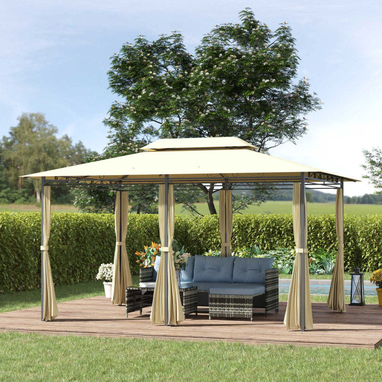 10' X 13' Patio Gazebo, Outdoor Gazebo Canopy Shelter With Curtains, Vented Roof, All Weather Steel Frame, For Garden, Lawn, Backyard And Deck, Cream White