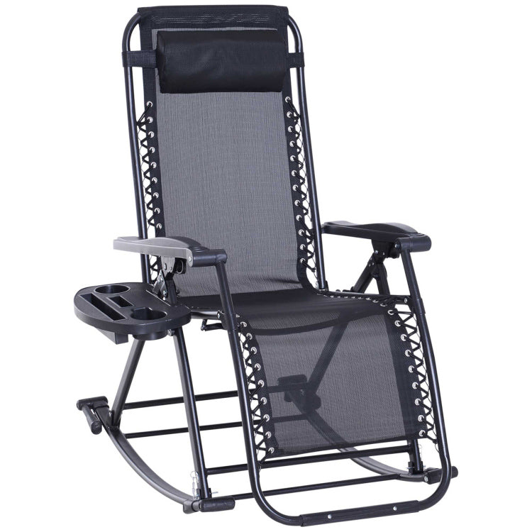 Outdoor Rocking Chairs, Foldable Reclining Anti Gravity Lounge Rocker W Pillow, Cup & Phone Holder, Combo Design W Folding Legs, Black