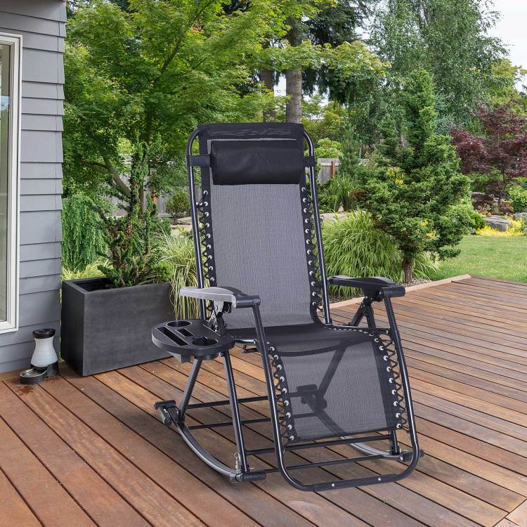 Outdoor Rocking Chairs, Foldable Reclining Anti Gravity Lounge Rocker W Pillow, Cup & Phone Holder, Combo Design W Folding Legs, Black