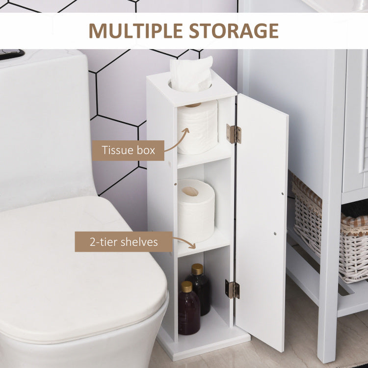 Toilet Paper Cabinet, Small Bathroom Corner Floor Cabinet With Doors And Shelves, Thin Storage Bathroom Organizer For Paper Shampoo, White