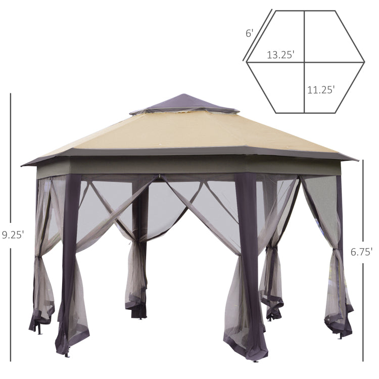 13' X 13' Pop Up Gazebo, Hexagonal Canopy Shelter With 6 Zippered Mesh Netting, Event Tent With Strong Steel Frame For Patio Backyard Garden Wedding Party